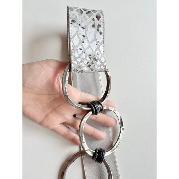 SUZI ROHER Silver Grey Snake Embossed Suede Elastic Chain Stretch Belt, Size L+ - Picture 2 of 10